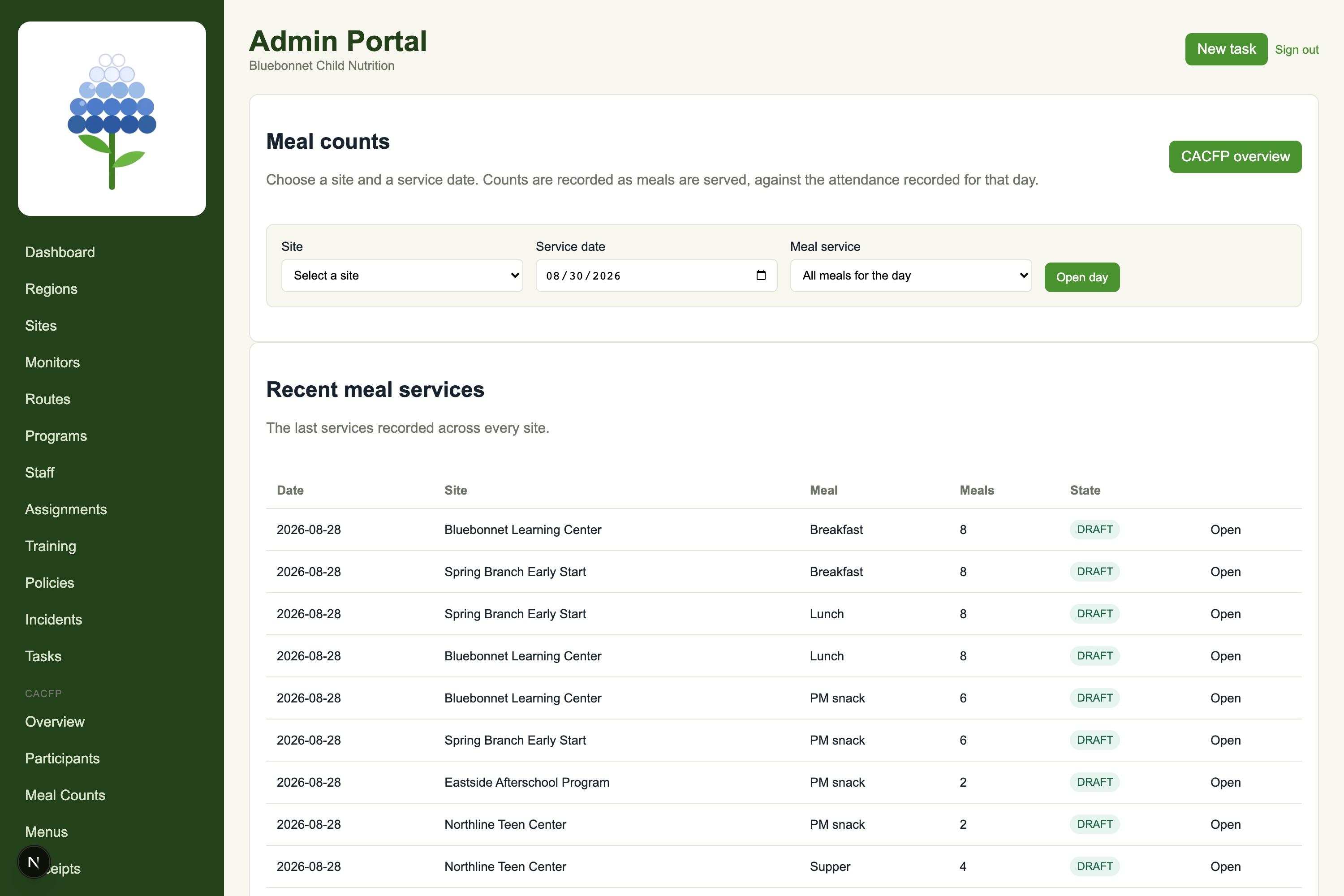The OpsCore CACFP meal counts screen with a site, service date and meal service picker, above a table of recent meal services across every site showing the date, site, meal, number of meals and whether the record is draft or certified.