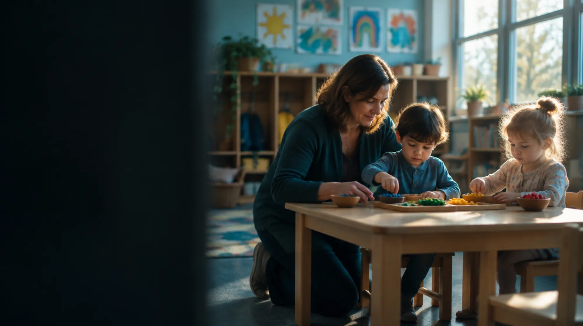 A director kneeling at a low table alongside two young children working on an activity, in a bright classroom hung with children’s art.