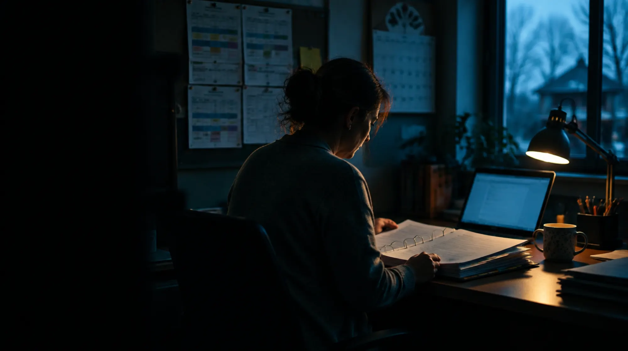 A woman reading a binder at a desk under a lamp in the evening, a laptop open beside her and forms pinned to the wall behind.