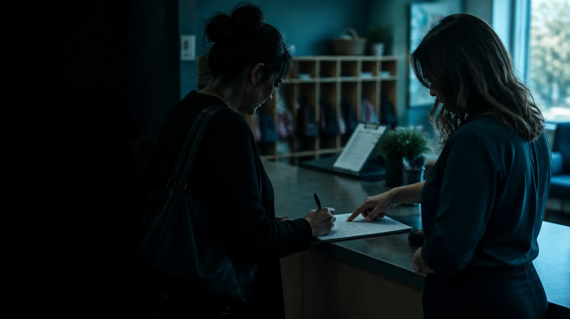 Two women at a classroom counter, one signing a document while the other looks on.
