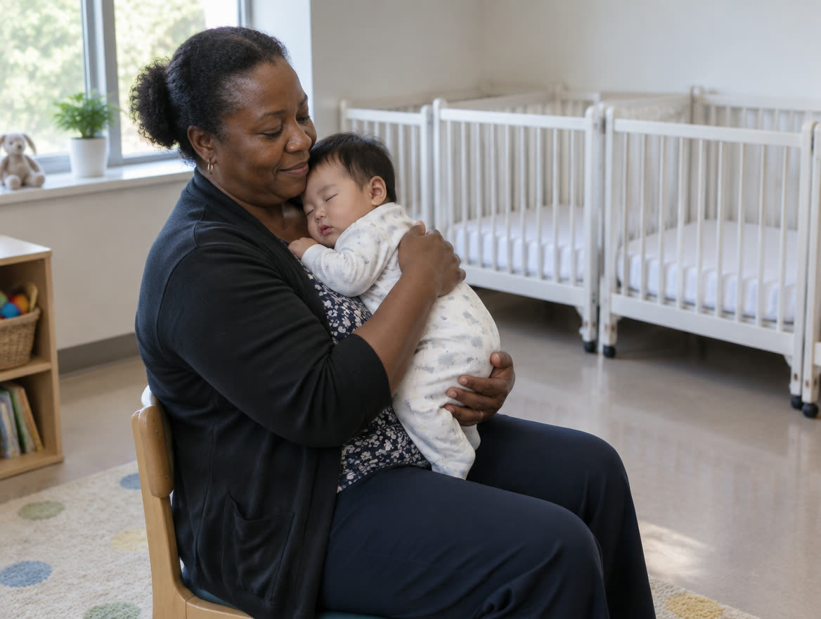 A caregiver sitting with a baby in an infant room, empty cribs with flat firm mattresses along the wall behind.