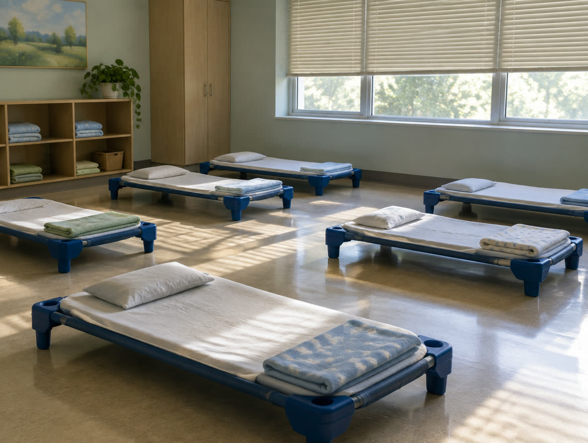 A child-care rest room set out for nap time: low cots spaced apart across the floor with folded blankets, no children present.
