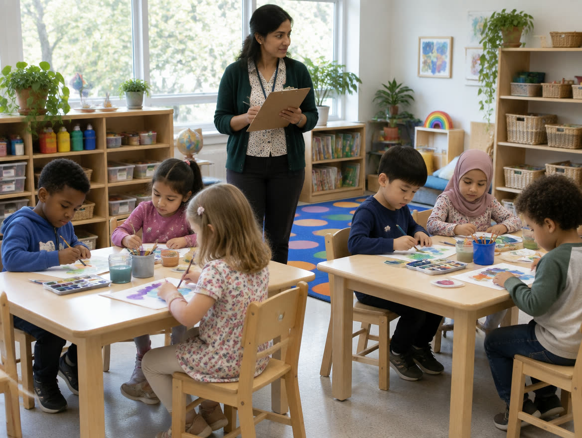 A teacher standing with a clipboard watching six four-year-olds at two low tables during an art activity in a bright classroom.