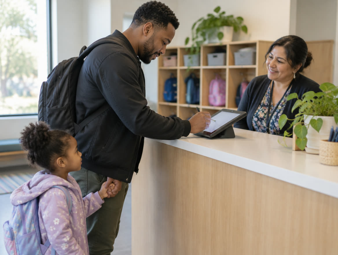 A father signing his young daughter in on a tablet kiosk at the front desk of a child-care center while a staff member behind the counter looks on.