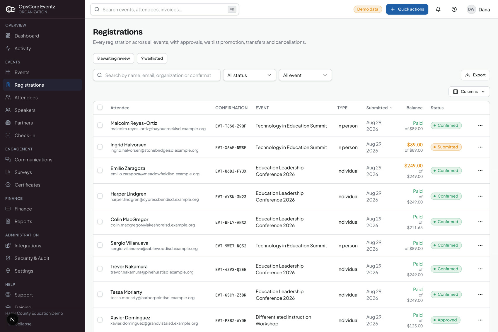 The OpsCore Eventz registrations console listing attendees with confirmation numbers, event, type, balance and status, and filters for awaiting review and waitlisted.