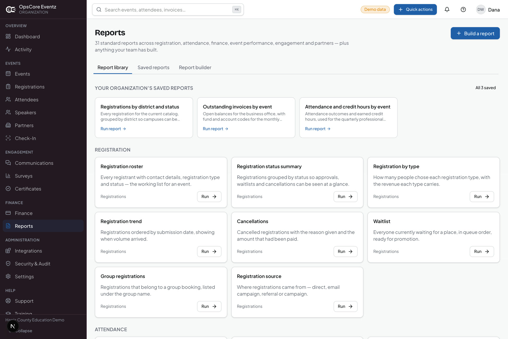 The OpsCore Eventz reports area, listing the standard report library alongside saved reports.