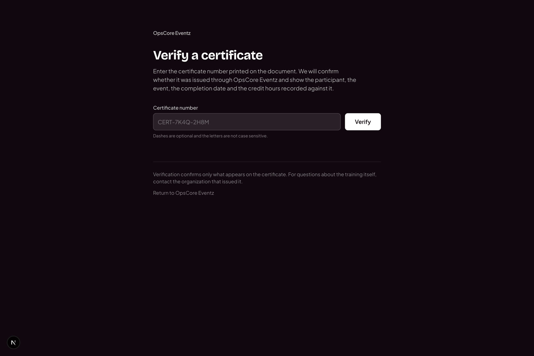 The public OpsCore Eventz page where anyone can enter a certificate number to verify it.