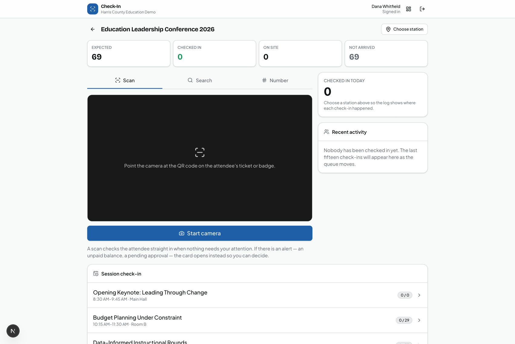 The OpsCore Eventz staff check-in screen with a scanner and session rows.