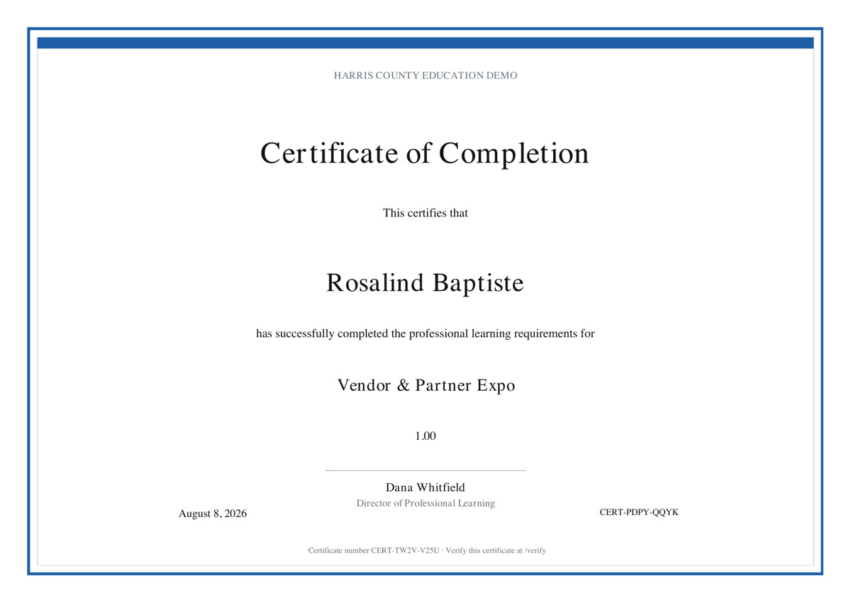 A certificate of completion issued by OpsCore Eventz, naming the recipient, the event, the credit hours, the signing director, the issue date and the certificate number with a line telling the reader where to verify it.