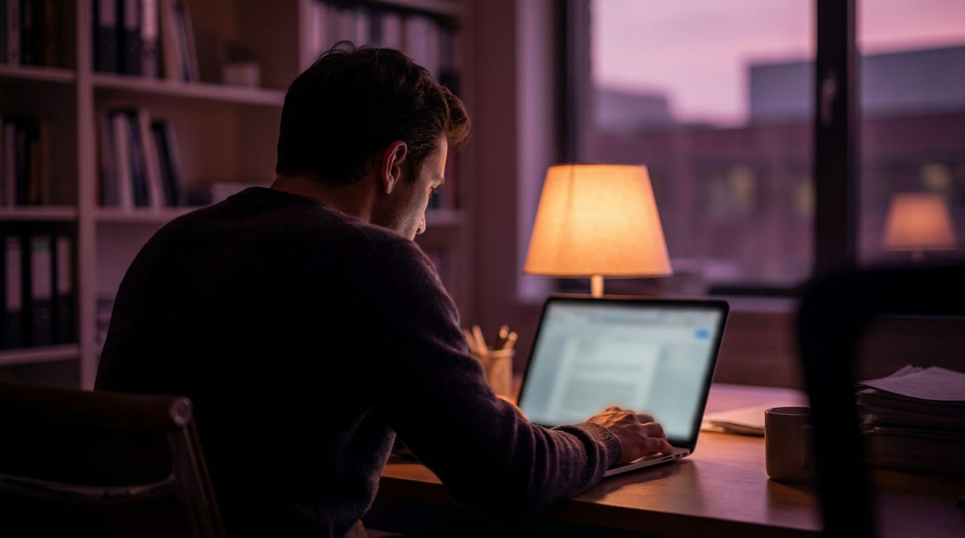 A programme administrator working at a laptop in a quiet office at dusk.