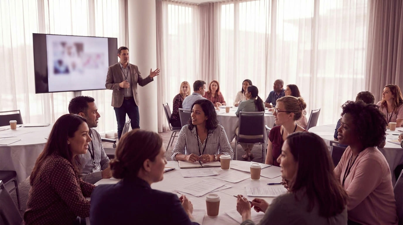Educators seated at round tables in a professional development workshop while a presenter speaks.