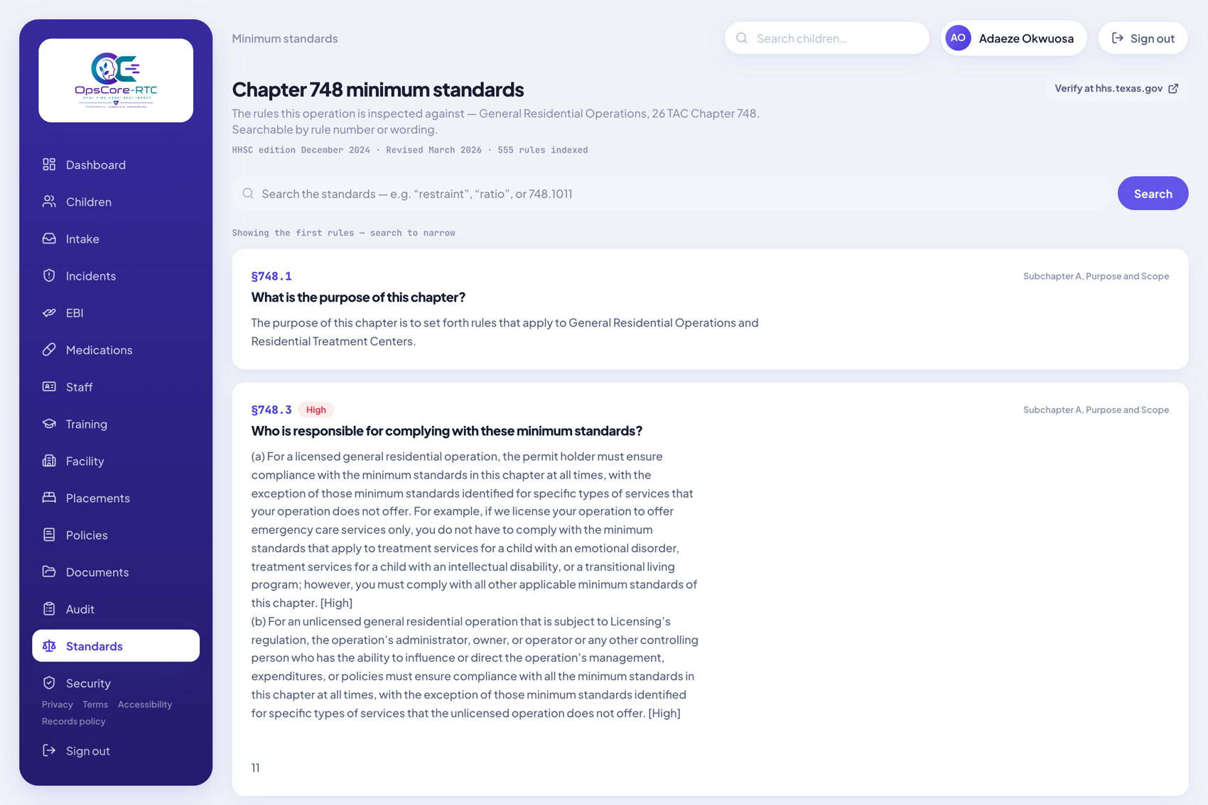 The OpsCore-RTC minimum standards library for 26 TAC Chapter 748, stating the HHSC edition and revision date and the number of rules indexed, with a search box and rule entries showing their number, subchapter, risk level and full text.