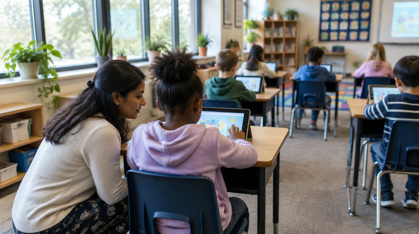 A teacher crouching beside a girl at her desk, looking at the tablet in front of her, while other children work at their own screens down the room behind them.