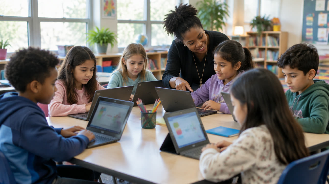 Six primary-school children at a shared table working on laptops and tablets while a teacher leans in beside one of them.