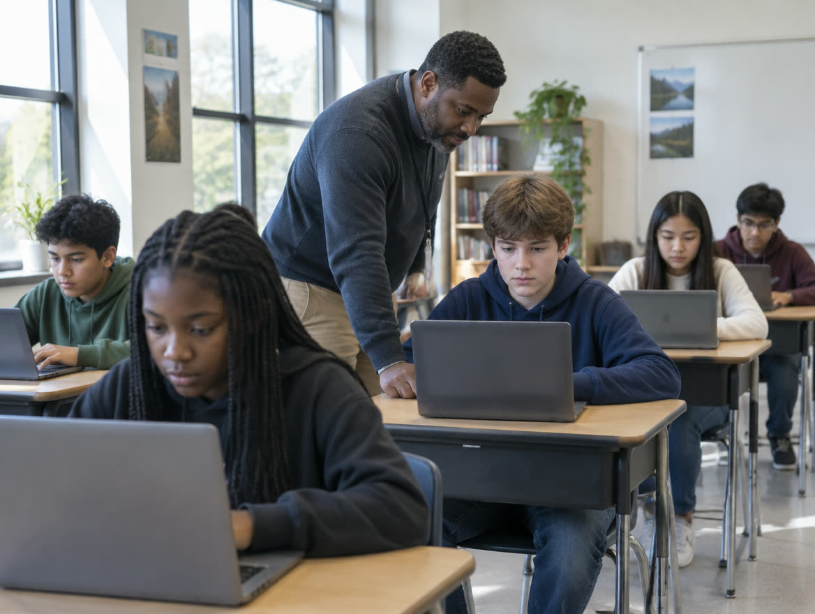 Middle-school students working on laptops at individual desks while a teacher moves between them.