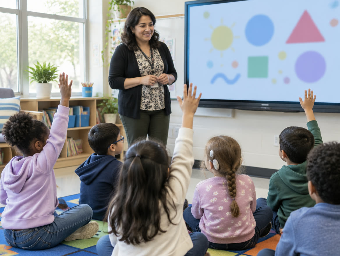 A teacher standing beside a large wall display at the front of a classroom, young children seated on a rug with hands raised.