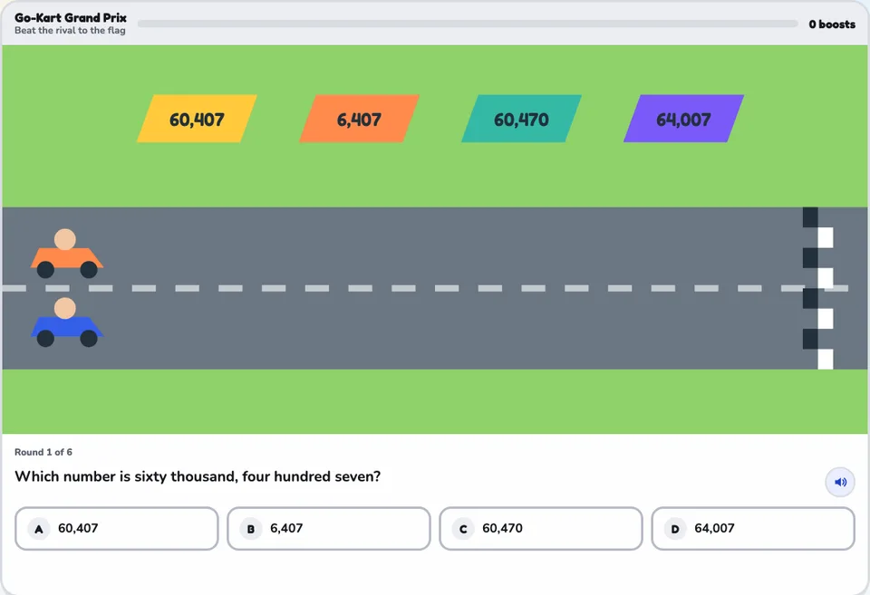 The Go-Kart Grand Prix game in Merla Math, subtitled "Beat the rival to the flag": an orange kart and a blue kart on a track toward a chequered finish line, four coloured banners above reading 60,407, 6,407, 60,470 and 64,007, and below the track the question "Which number is sixty thousand, four hundred seven?" with four lettered answer choices and a read-aloud button.