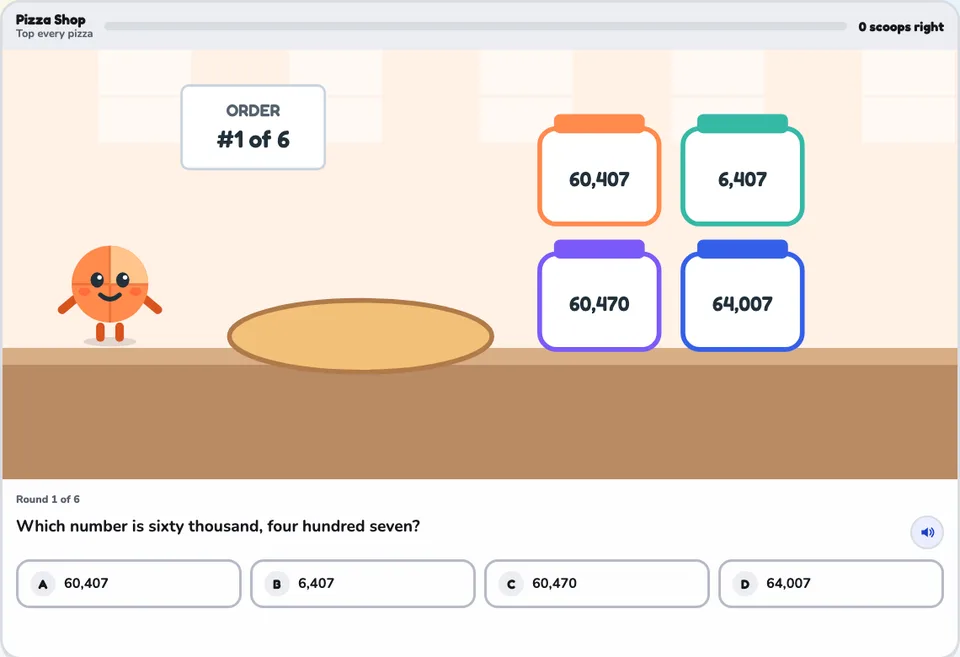 The Pizza Shop game in Merla Math: order one of six, four labelled jars reading 60,407, 6,407, 60,470 and 64,007, the character standing at the counter, and the question "Which number is sixty thousand, four hundred seven?" with four answer choices and a read-aloud button.