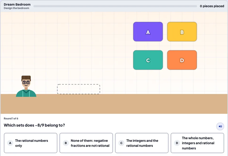 The Dream Bedroom game in Merla Math for Grade 7, subtitled "Design the bedroom": four lettered blocks waiting to be placed on a room grid with the player character beside an empty slot, and below it the question "Which sets does −8/9 belong to?" with four answer choices including "None of them: negative fractions are not rational", and a read-aloud button.